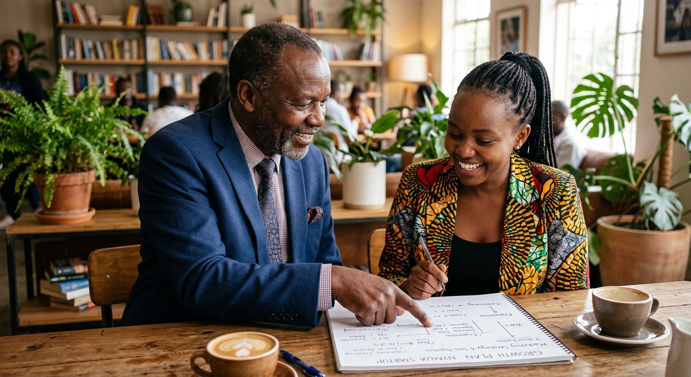 A mentor coaching a young Kenyan entrepreneur
